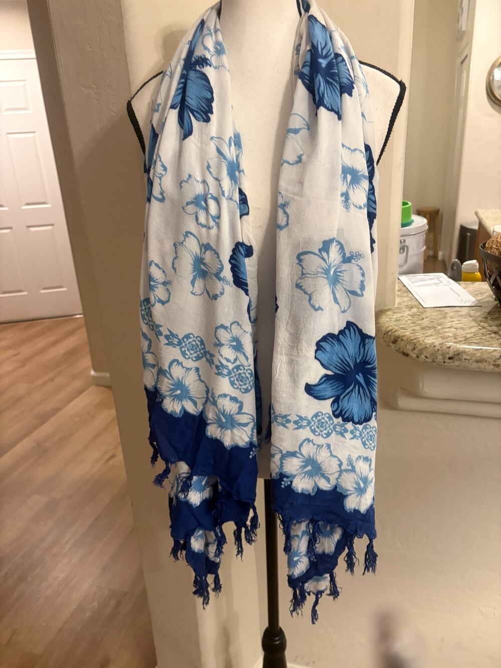 Hawaiian Blue Hibiscus Floral Print Scarf Sarong Pareo Wrap Fringe Tropical